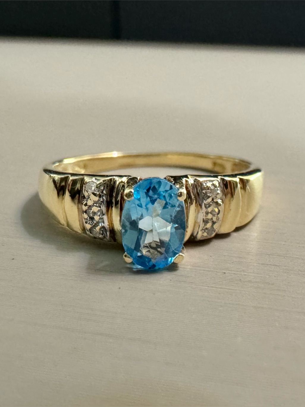10k Yellow Gold Blue Topaz And Diamond Ring